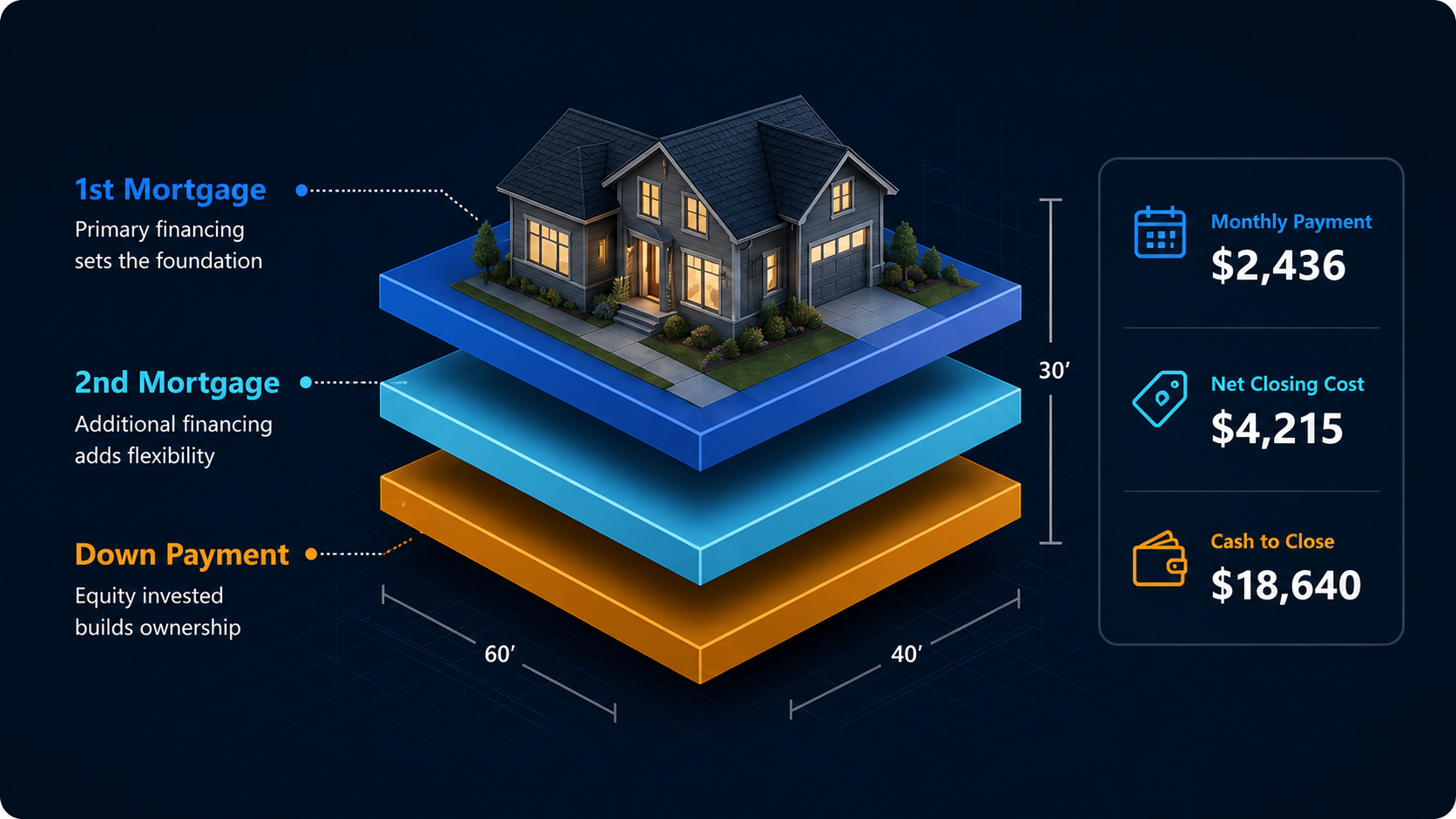A home financing blueprint showing first mortgage, second mortgage, down payment, monthly payment, net closing cost, and cash to close